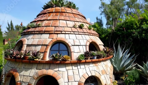 Charming Stone and Tile Dome House nestled in a lush succulent garden A unique architectural design