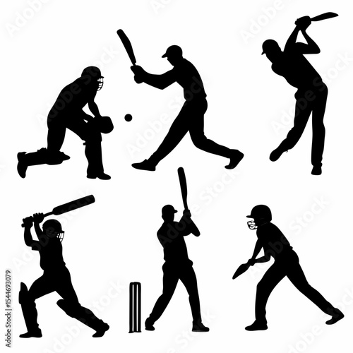 Cricket Player Silhouettes Vector Set in Action Poses