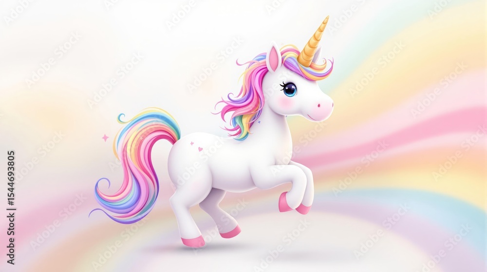 Fototapeta premium Cute unicorn with rainbow mane and tail prancing against a pastel background