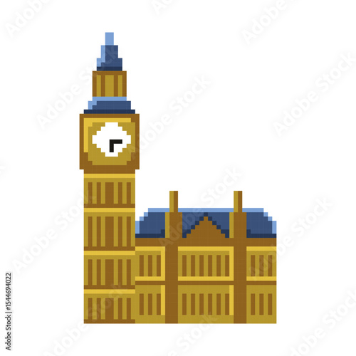 Flat design pixel art big ben clock illustration