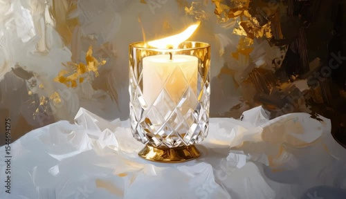 Illuminated Crystal Candle Holder with Warm Golden Background A Relaxing and Serene Atmosphere
