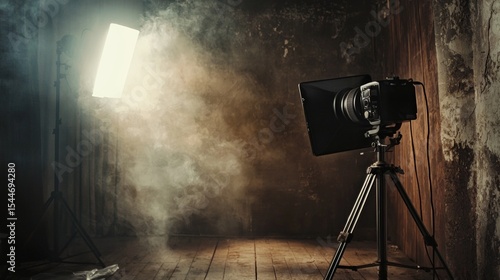 Vintage photo studio with fog and dramatic lighting setup for cinematic atmosphere behind the scenes photography