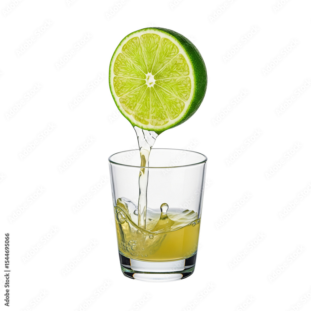 Fototapeta premium Lime juice pouring into a glass on white background