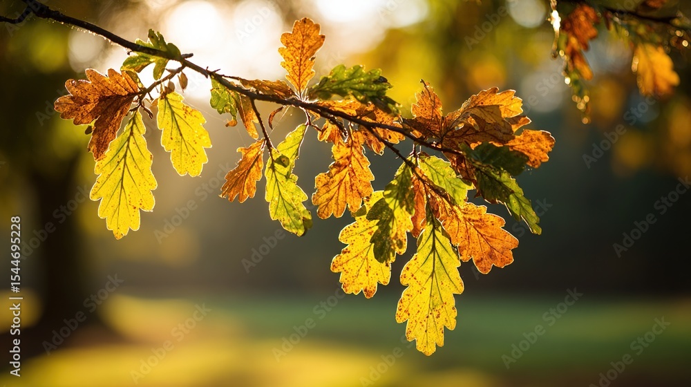 Autumn oak leaves bathed in golden sunlight on a branch Autumn oak leaves bathed in golden sunlight on a branch