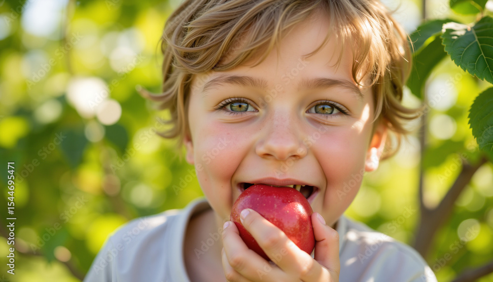 Young boy smiling while holding apple in orchard during summer Young boy smiling while holding apple in orchard during summer
