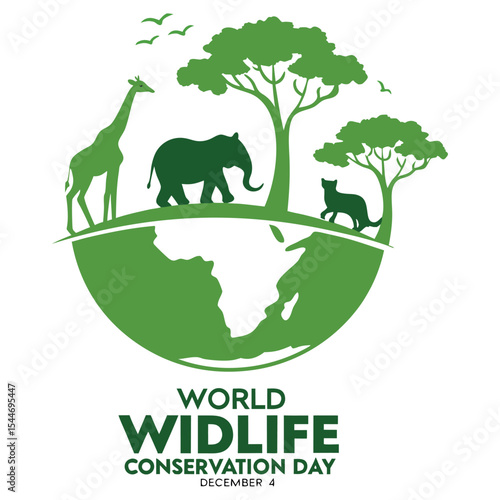 World wildlife conservation day, december 4, is shown with animals and trees on green earth
