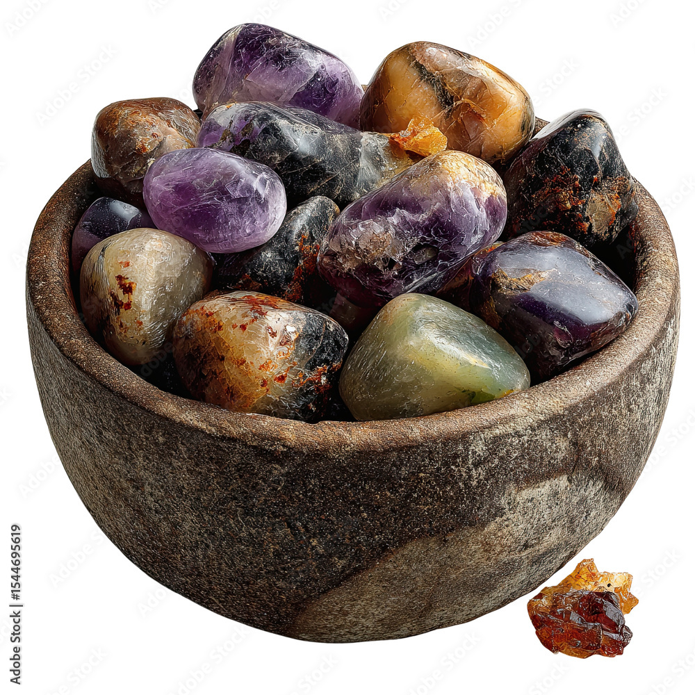 Obraz premium Colorful gemstones in a rustic bowl, showcasing their unique shapes and textures. isolated on a white background.