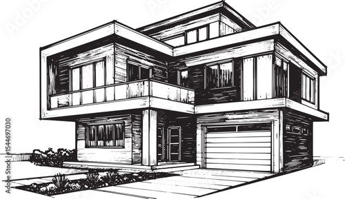 Architectural illustration of a modern house in a minimalist bla