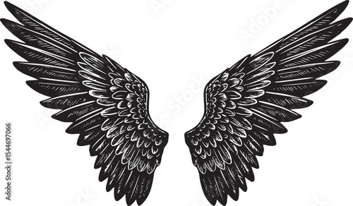 Detailed black and white illustration of angel wings with intric