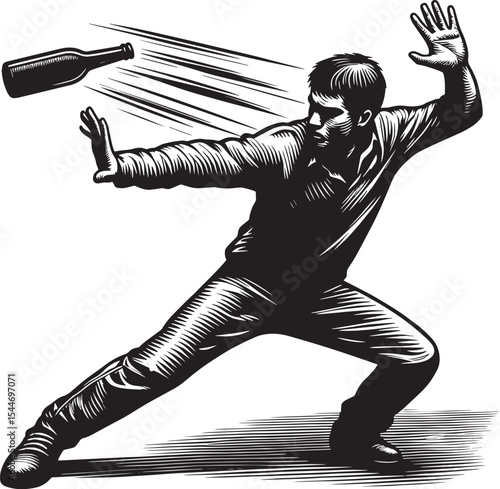 A man instinctively defends himself against a projectile with gr