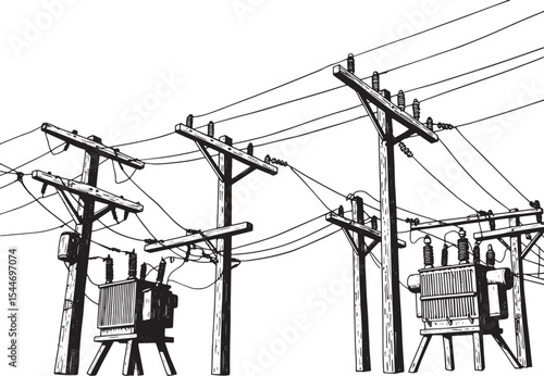 Black and white illustration of electrical power lines and trans