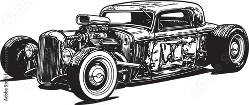 Detailed black and white illustration of a vintage hot rod car i