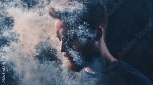 Profile of man dissolving into smoke in surreal artistic portrait with creative emotional visual effects concept