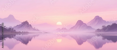 Wallpaper Mural Pastel Sunrise Over Misty Mountains Reflected in Calm Water Torontodigital.ca