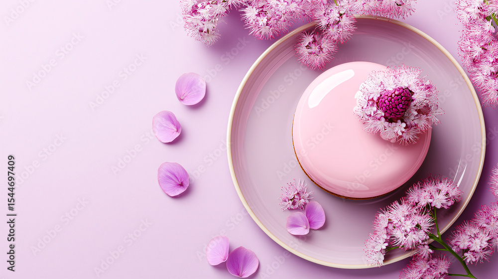 Elegant pink mousse dessert topped with small flowers on a white plate, surrounded by soft pink petals. Ideal for romantic dining, culinary blogs, or luxury branding. Elegant pink mousse dessert topped with small flowers on a white plate, surrounded by soft pink petals. Ideal for romantic dining, culinary blogs, or luxury branding.