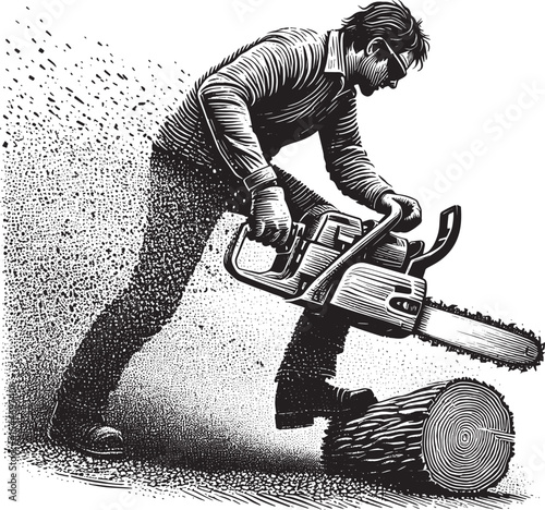 Dynamic woodcutter rendered in high contrast grayscale woodcut i
