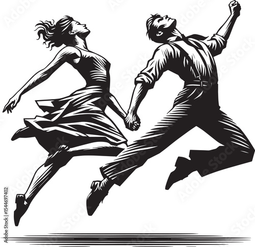 Dynamic duo leaps together, a monochrome composition showcasing