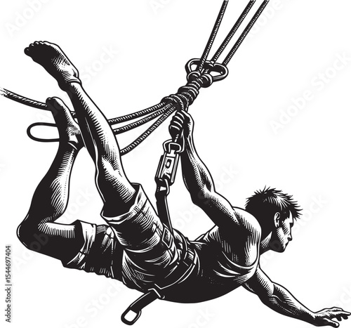 Monochrome Woodcut of Bungee Jumper in Mid-Air isolated on White