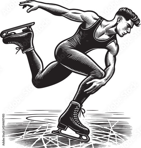 Dynamic woodcut illustration of male athlete ice skating solo pe