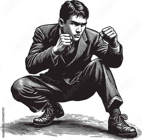 Intense businessman in fighting stance, woodcut style illustrati