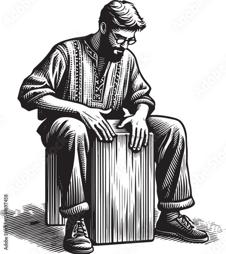 Monochrome woodcut of a seated man playing a box drum in black a