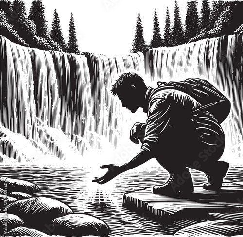 Solitude near a waterfall: A man's contemplative moment with nat