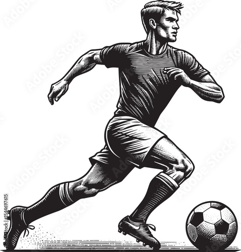 Dynamic soccer player in action, artistic woodcut style, monochr