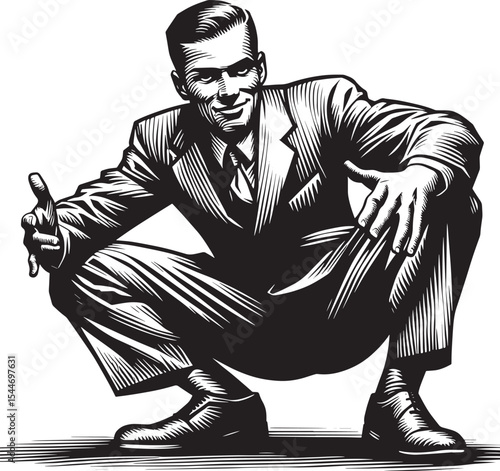 Monochrome Suave: A confident man in a suit crouches with a sly