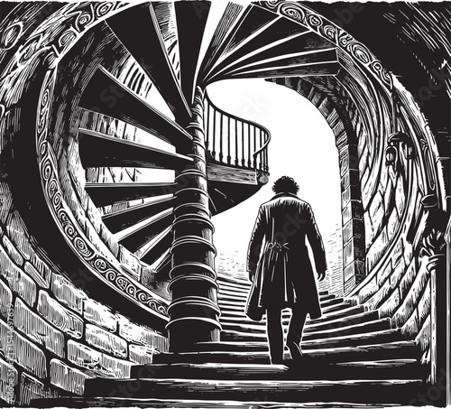 A solitary figure descends a spiral staircase into an enigmatic