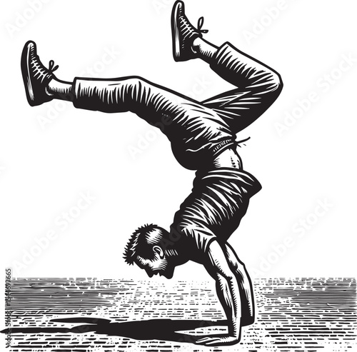 Expressive woodcut drawing showcases a man in a handstand, embod