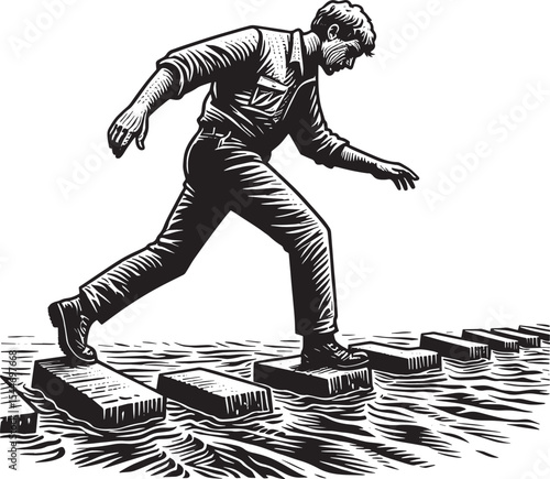 Navigating Challenges: A Man Crossing a River on Stepping Stones