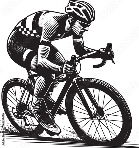 Dynamic Cyclocross Athlete in Stylized Woodcut Depiction, Isolat