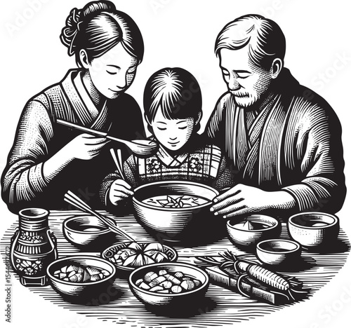 Woodcut Illustration of a Family Enjoying a Heartwarming Soup Me