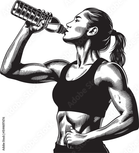 Woodcut illustration of muscular woman drinking water post worko