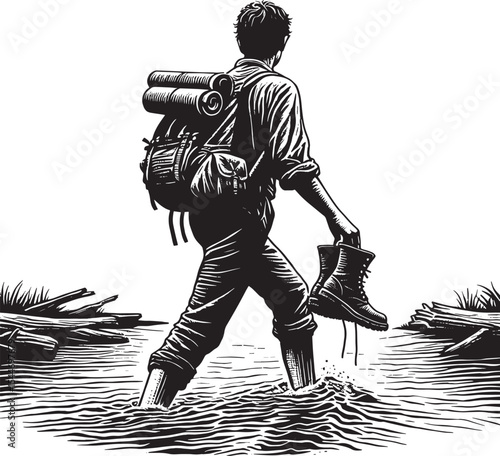 Monochrome illustration of traveler crossing creek, boots slung