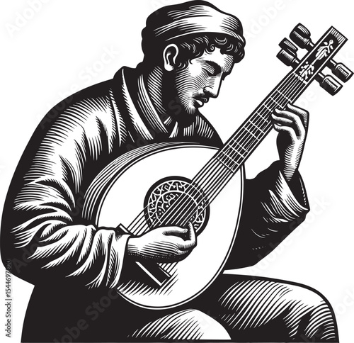 Monochrome illustration of a man playing a stringed musical inst