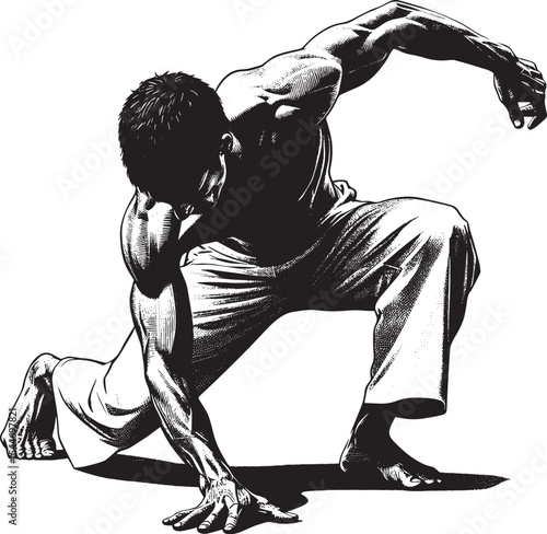 Dynamic monochrome depiction of a capoeira stance with striking
