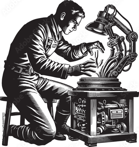 Futuristic experiment illustration of scientist examining an ali