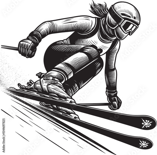 Dynamic woodcut illustration of a female skier hurtling down a s