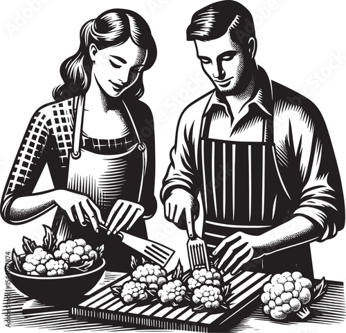 Couple prepares grilled cauliflower steaks, vintage woodcut styl