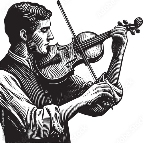 Monochrome woodcut illustration of a man immersed in playing the