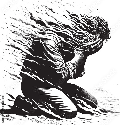 Distressed figure consumed by swirling emotions in stylized wood