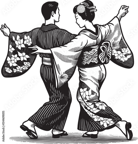 Elegant couple performs Bon Odori dance, intricate kimono, japan