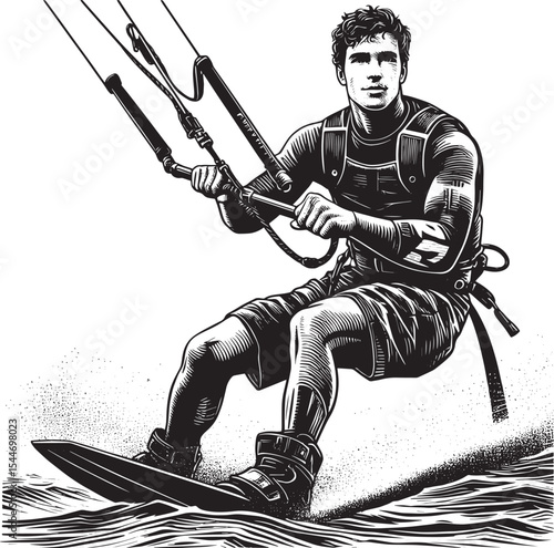 Monochrome woodcut illustration of a dynamic kitesurfing athlete