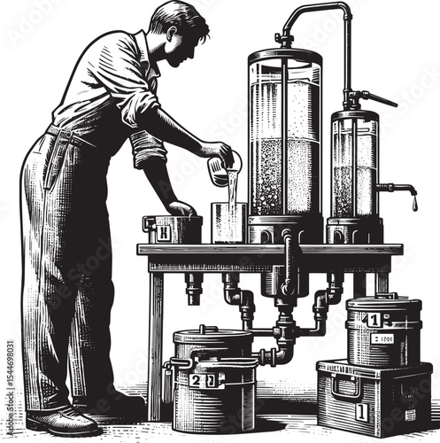 Man conducting scientific experiment with liquid filtration appa