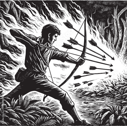 Archer in Peril: Dodging Arrows Amidst a Burning Forest in Detai