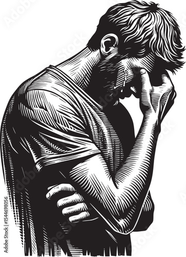 Woodcut illustration of a man overcome with emotion, displaying