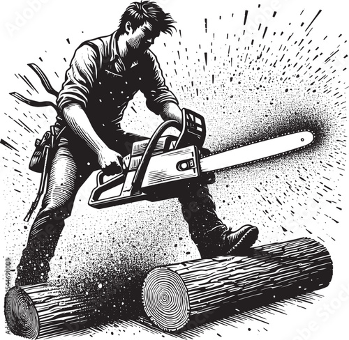Monochrome illustration of a man cutting timber with a chainsaw