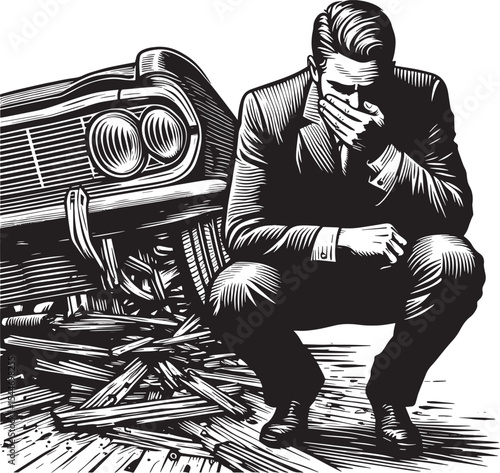 Distressed man by damaged vehicle in expressive woodcut style il