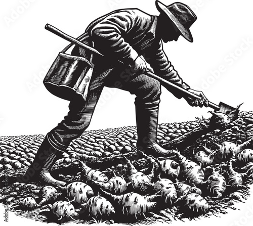 Historical woodcut illustration of a farmer harvesting root vege